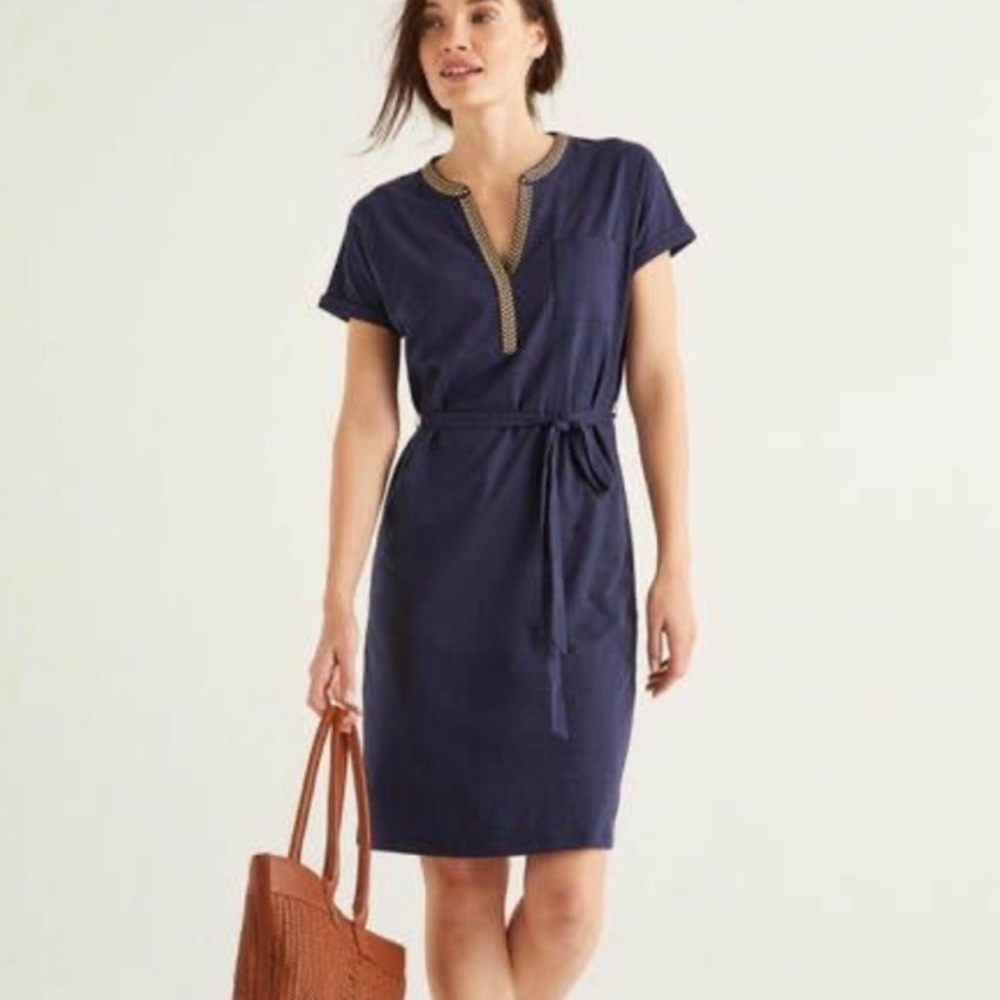Boden Navy Blue Short-Sleeve Belted Mini Dress